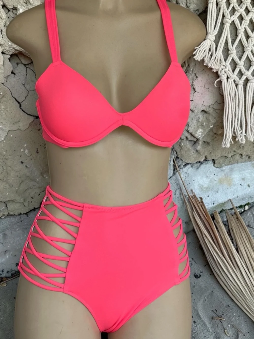 PINK Victoria’s Secret Neon Pink High-Waisted Bikini & Push-Up Swim Top Set - Picture 2 of 15
